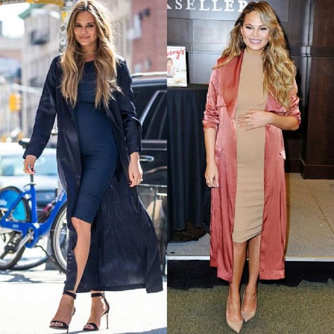 One less thing to think about with a growing belly, Chrissy Teigen kept it simple and opted for a monochromatic uniform of fitted dresses with matching silk cardigans. 