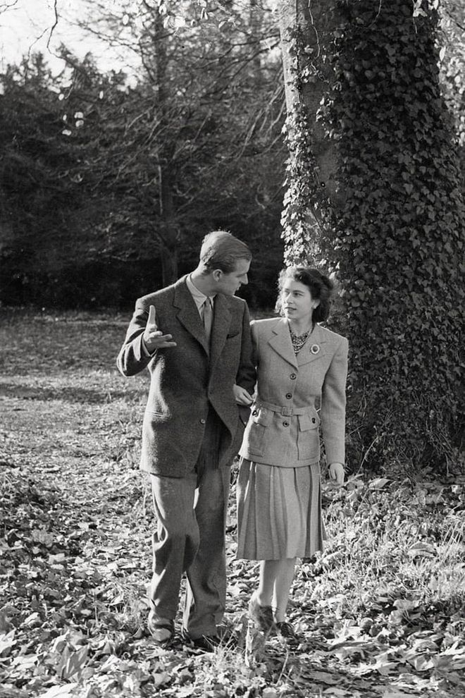 The newlyweds on their honeymoon at Earl Mountbatten's (Philip's Uncle) estate; Elizabeth, on the advice of Winston Churchill, famously did not take Philip's last name. Photo: Getty 