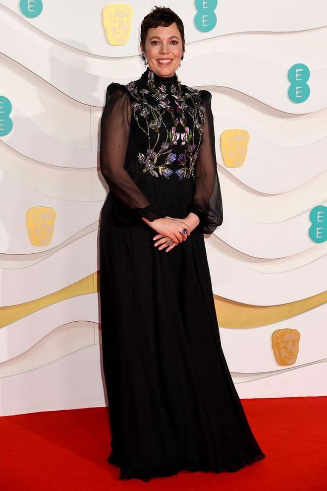 Olivia Colman proved it's all in the details in this sheer-sleeved, embroidered gown.

Photo: Dave J. Hogan / Getty