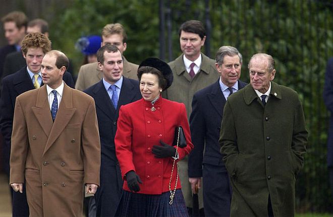 Prince Edward, Princess Anne, and Prince Philip in front of Prince Harry, Peter Phillips, Tim Laurence (the second husband of Princess Anne), and Prince Charles heading to church on Christmas Day at Sandringham.