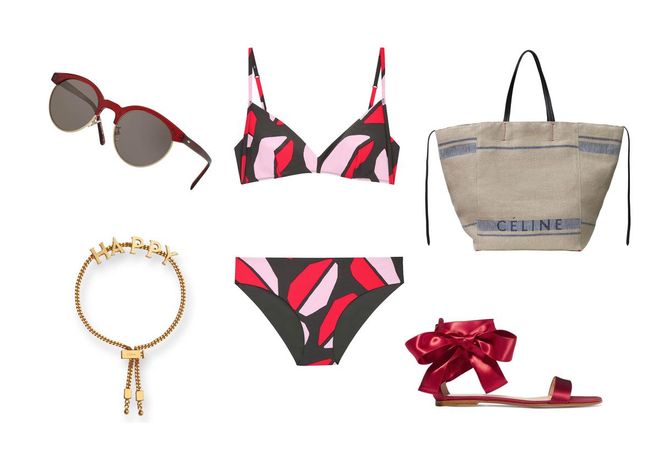Sunglasses, Oliver Peoples. Bracelet, Chloé. Bikini, COS. Bag, Céline. Sandal, Gianvito Rossi.