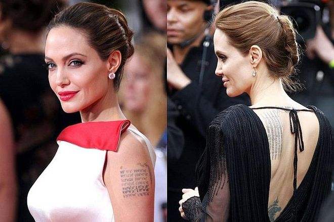 Jolie has at least 17 tattoos, ranging from the coordinates of her children birthplaces on her left arm to a large tiger on her lower back.