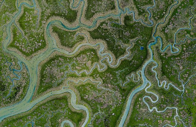 "Rivers" is the depiction of the rise and fall of tides in the small curved rivers that appear in a swamp area near Venice, Italy. 