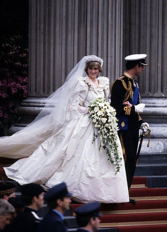 Diana's wedding dress is understandably one of the most iconic royal gowns out there, but no one anticipated how wrinkled it would get during the carriage ride to St. Paul's Cathedral. As you can see in this photo, the dress (and accompanying 25-foot train) was infamously rumpled.