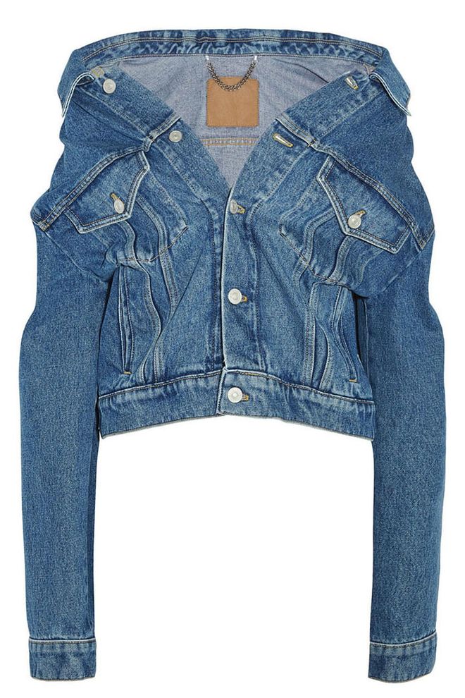 Balenciaga brings its avant-garde aesthetic to the denim jacket with this oversized, cropped style, designed to be worn pulled back over your shoulders.
Denim jacket, £565, Balenciaga at Net-a-Porter
