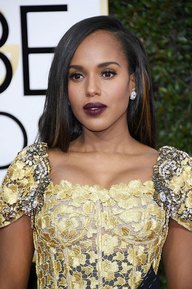 Kerry Washington contrasted the delicate details on her dress with a deep, dark grape lipstick for a head-turning effect.

Photo: Getty Images
