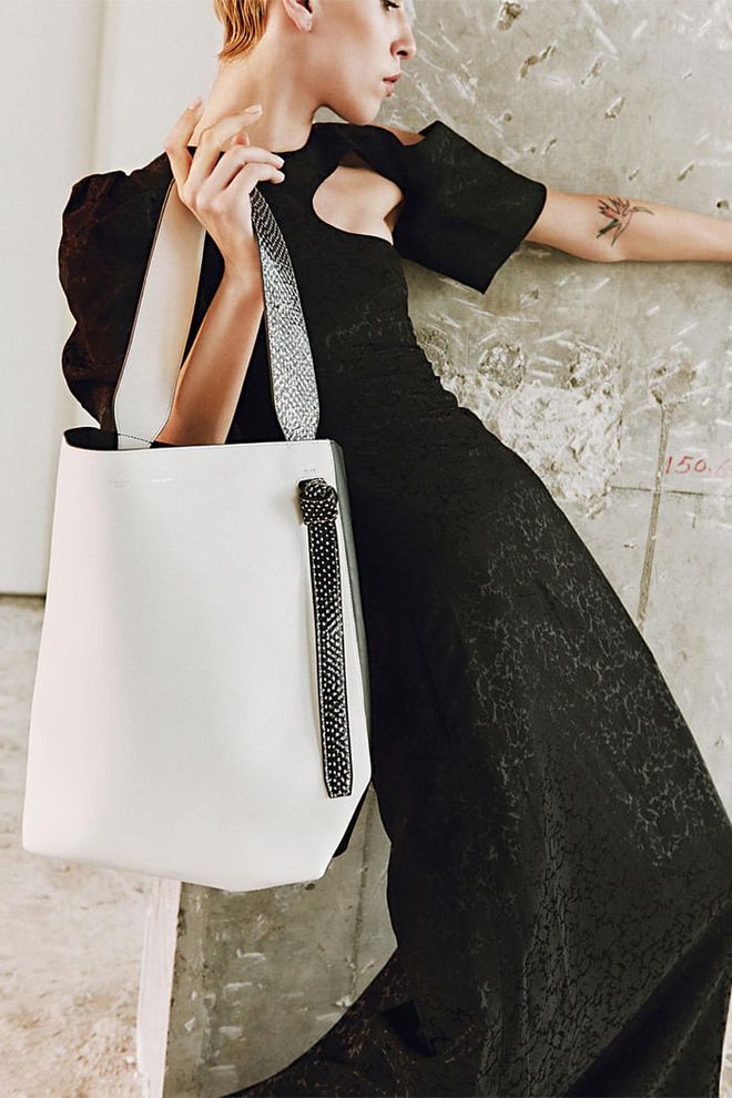 Light Floral Jacquard Long dress; Black and White Shiny Smooth Calfskin and Watersnake Twisted Cabas bag, Céline 