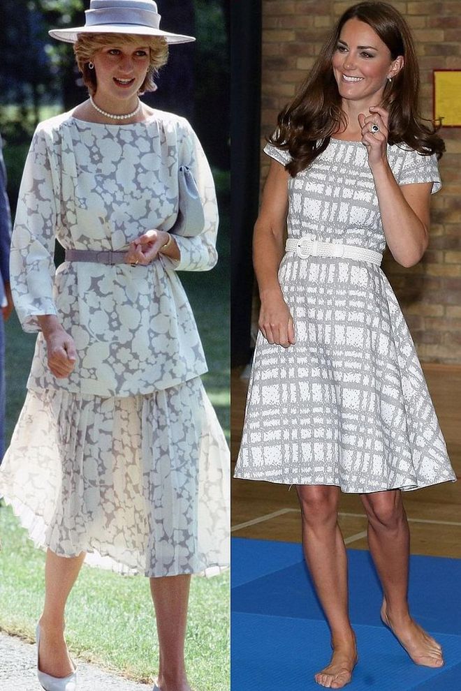 Diana in Jasper Conran during a visit to Canada in June 1983; Kate visiting Bacon's College in July 2012.