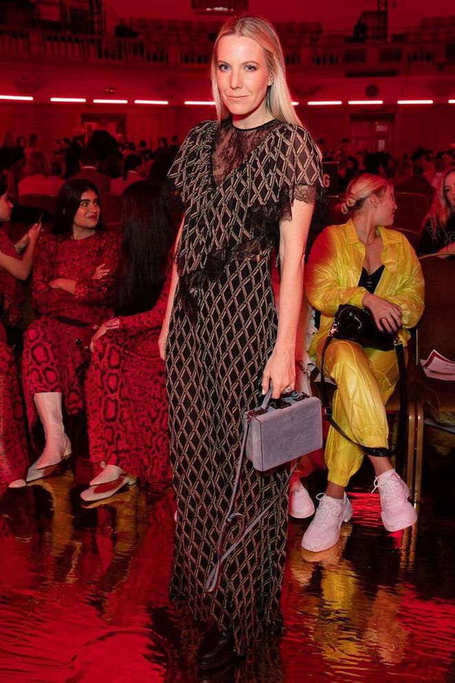 Alice Naylor-Leyland accessorised with a velvet box bag for the catwalk show.

Photo: Jeff Spicer / BFC / Getty