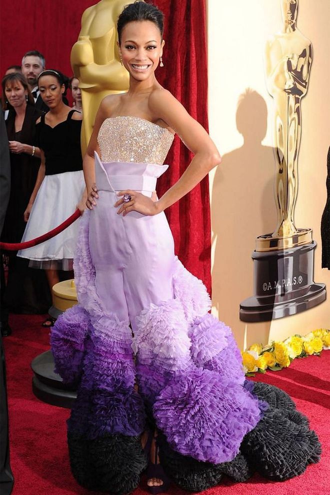 More was more for Zoe Saldana at the 2010 Oscars where she wore this Givenchy Haute Couture with crystal embellished bodice with an ombre tulle ruffled skirt.