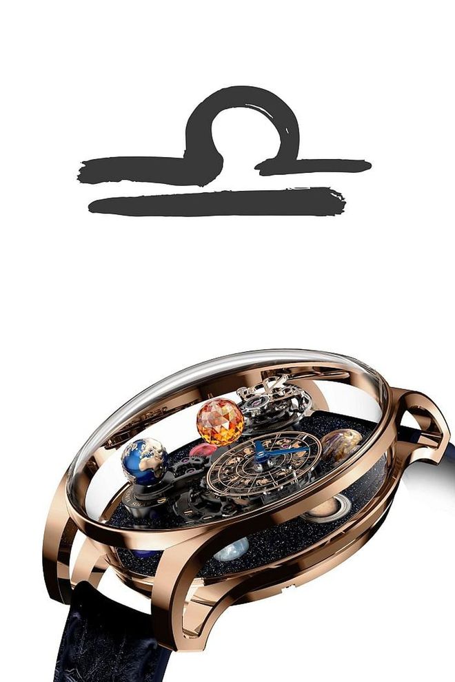 The air sign appreciates beauty and harmony, and this striking Jacob & Co Astronomia piece is no exception. A rose gold and blue lacquered planet Earth is surrounded by seven three-dimensional planets made of precious stones. When the whole thing rotates, it's like wearing the universe on your wrist. <b>Jacob & Co Astronomia Solar Planets, $280,000</b>
