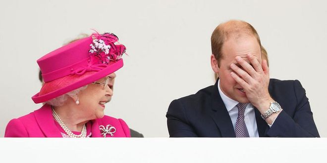The Queen and Prince William share a funny moment during the Patron's Lunch in celebration of the Queen's birthday. Photo: Getty