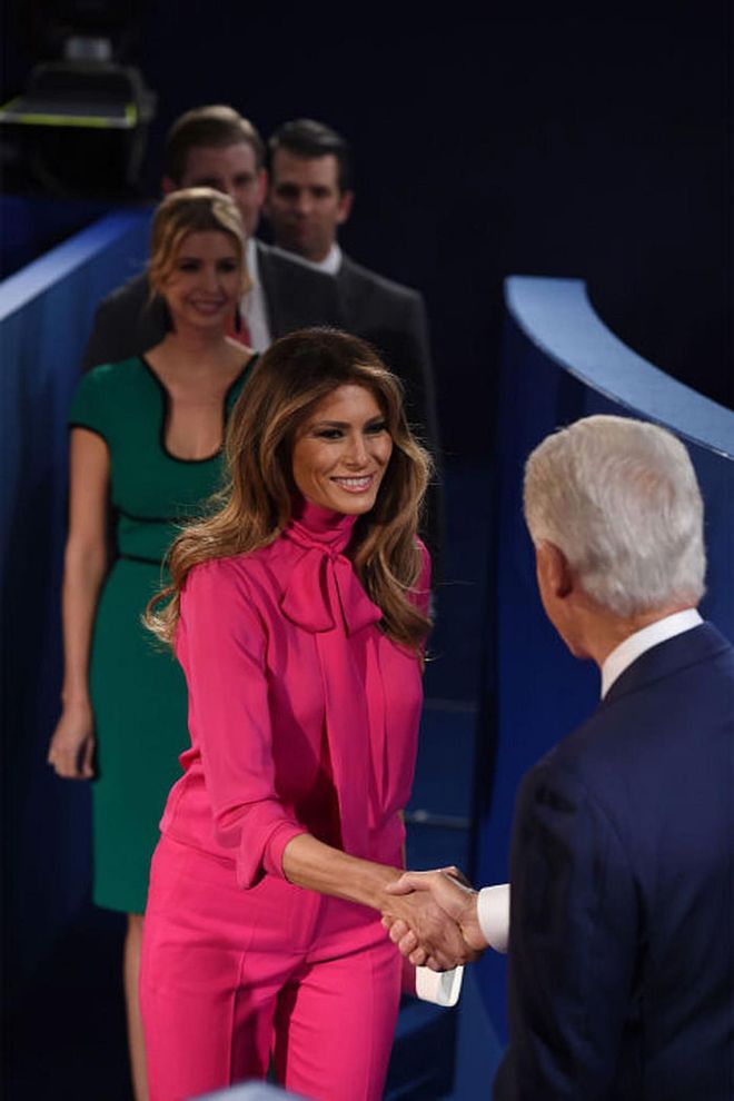 Just 48 hours after an audio tape of Donald Trump telling Billy Bush he "just grabs them [women] by the pussy" leaked, it was time for the 2nd presidential debate and all eyes were on the Trump family. At the debate, Trump didn't address the leaked tape but his wife Melania Trump did show up wearing a pink Gucci pussy bow blouse—a connection that certainly didn't go unnoticed. Mrs. Trump's pussy bow blouse was arguably the only fashion-related election news that made headlines in the extremely heated and drawn out presidential race.