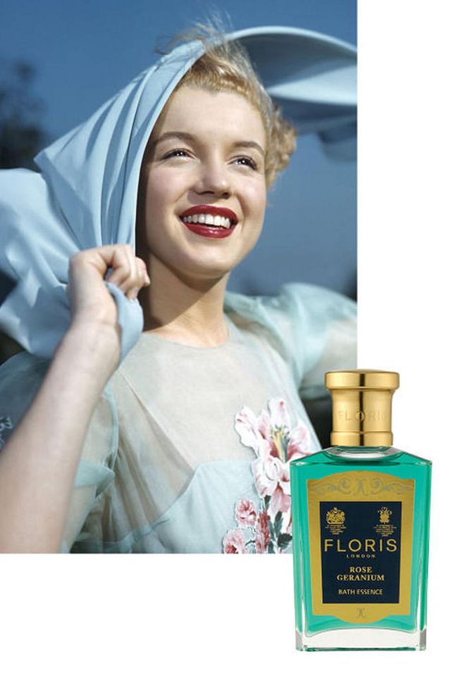Like millions of other women, Monroe was a fan of Chanel No 5. However, in 2002, it was revealed that she also had a secret penchant for Floris Rose Geranium. The eau de toilette was delivered in bulk to her at the Beverly Hills Hotel under a cloak and dagger alias while she filmed Some Like It Hot. Featuring notes of rose, geranium, citronella and sandalwood, the British eau de toilette has been discontinued and its scent is now only available as a bath essence.