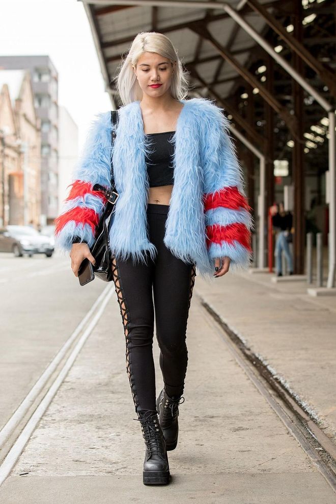Sydney DJ, Jade Le Flay wearing Isolated Hearts blue fur jacket and Fenty X Puma leggings. Photo: Getty 