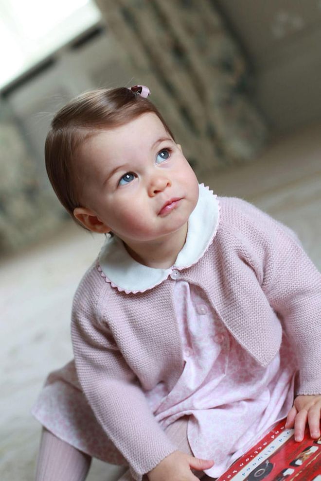 Princess Charlotte is pretty in pink in this portrait celebrating her first birthday. She was photographed by her mother at Anmer Hall in April 2016. The little princess appears to be toting a copy of The Wheels on the Bus by David Ellwand.