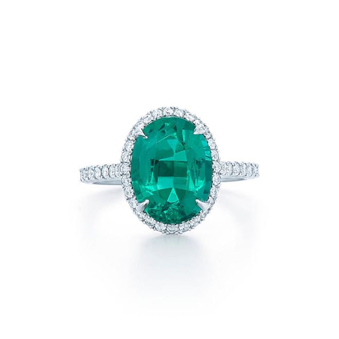 Oval shape emerald ring with diamonds set in platinum, Price upon request, Kwiat.com.
