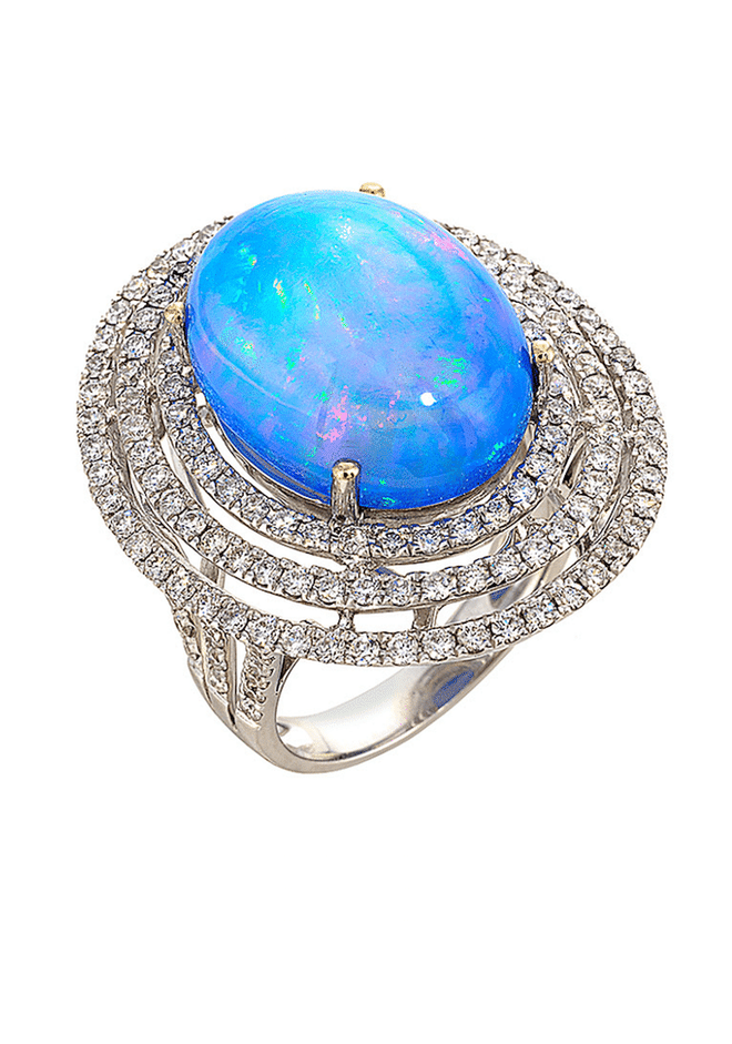 18kt white gold ring with blue opal and diamonds, $22,000, grazielagems.com for inquiries.
