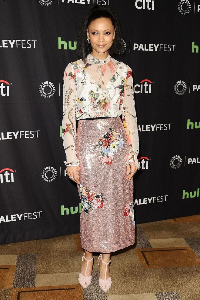 Floral on floral is taken further in this sequin Erdem look that is all about overt femininity. Thandie Newton doesn't shy away from pink, making for a very pretty evening look. Photo: Getty 