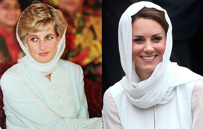 Diana visits Shaukat Khanum Memorial Hospital in Pakistan in 1996; Kate visits Assyakirin Mosque in Malaysia in 2012.