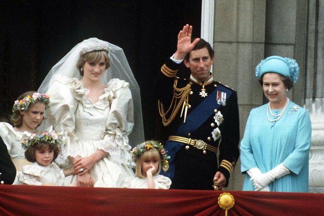 Posing on the balcony of Buckingham Palace with the Prince and Princess of Wales on their wedding day, 29 July 1981.
