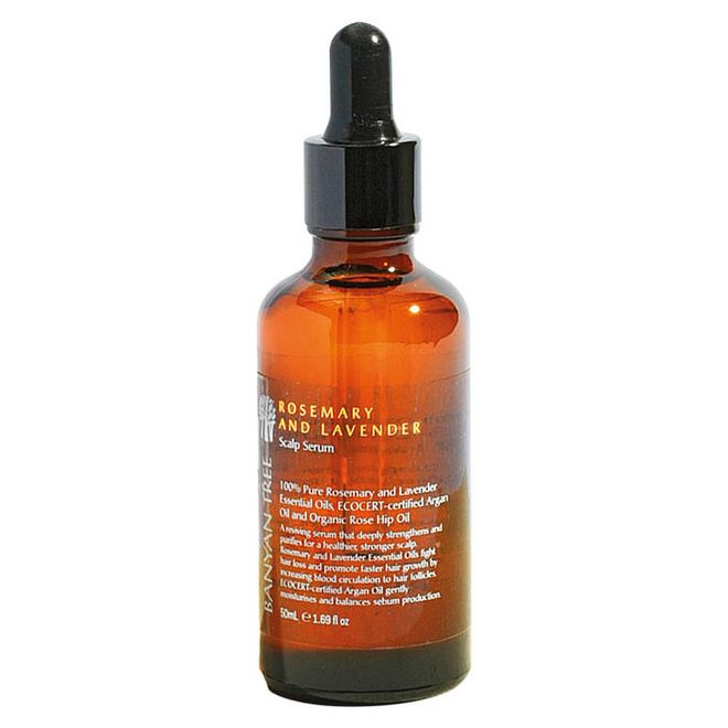Gently massage this paraben-free cushy cocktail of rosemary essential and rosehip oils into the scalp, and leave it on for 15 minutes before shampooing to improve micro-circulation and promote healthy hair growth over time.
Rosemary and Lavender Scalp Serum, about $49, Banyan Tree
