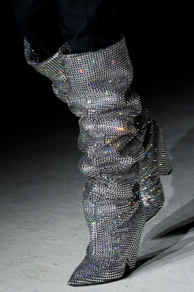 Anthony Vaccarello's slouchy boots for Fall 2017 feature 3,000 crystals, cost $10,000, and already have a wait list. Photo: Getty 