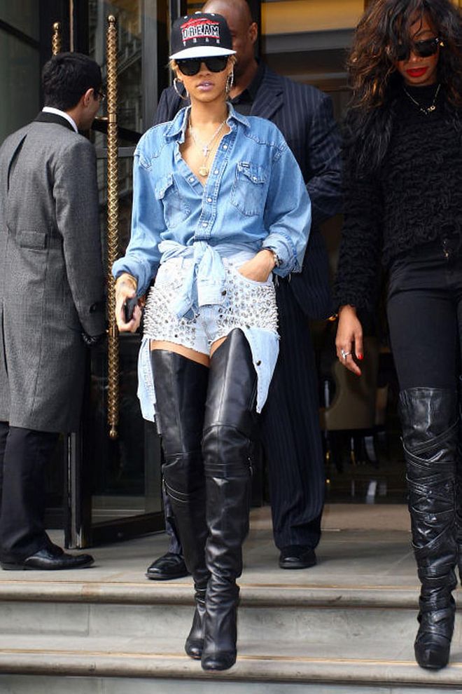 In case you're thinking "wait, this outfit needs even more denim," please note that Rihanna tied a denim blouse around her waist. Photo: Getty