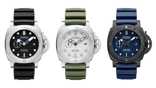 From left: Submersible QuarantaQuattro 44mm watches in steel (PAM01229); steel (PAM01226); Carbotech and titanium (PAM01232) (Photos: Panerai)