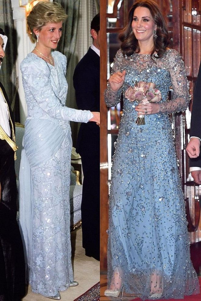 Diana in Catherine Walker in Qatar in November 1986; Kate in Jenny Packham at the Palladium Theatre in London in November 2017.