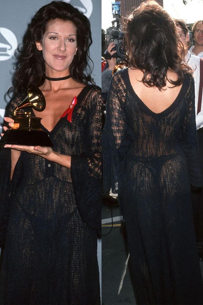In one of the Grammys' first-ever naked dresses, Céline Dion showed up to the 1993 show in a see-through black lace gown that showed off her black thong.