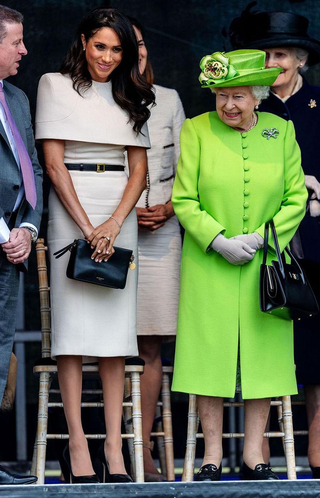 Meanwhile, the Queen in green (possibly a tribute to those who died in the Grenfell Tower tragedy on its one-year anniversary): a coat designed by Stewart Parvin with a Rachel Trevor Morgan hat. Photo: Getty