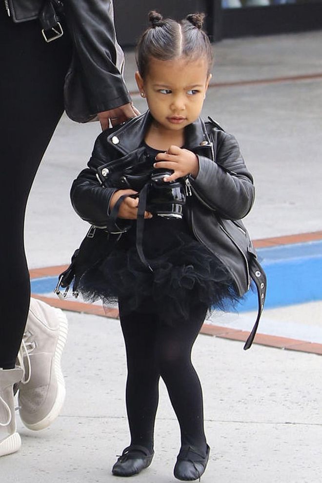 North toughens up her all-black ballet tutu with an edgy leather jacket—and her signature double bun hairstyle. Photo: Splash