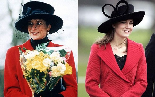 Diana in Sandringham on Christmas Day 1993; Kate attends the Sovereign's Parade At The Royal Military Academy in Berkshire in 2006.