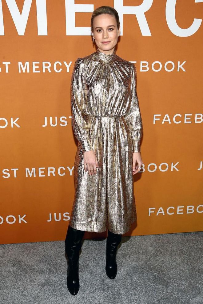Brie Larson held on to party season in a metallic dress and boots at the Just Mercy screening in Los Angeles.

Photo: Tomasso Boddi / Getty