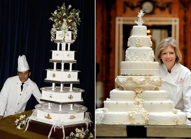 On the left is the royal wedding cake of Prince Charles and Princess Diana in 1981, and on the right Prince William and Catherine's in 2011.