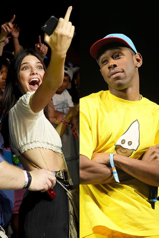 The Odd Future rapper took issue with a special V.I.P. viewing area, which included Jenner as a spectator, for his set during the 2015 festival. "Fuck y'all, y'all boring," he said to the special section, adding, "Everybody that's in the real crowd, though, I fuck with y'all. Y'all gonna have a good time." That’s when he called out Jenner specifically: "Kendall Jenner here thinking she cute and shit. Hey, Kendall, I'm over here to your right — fuck you." Jenner responded by flicking him off, but later shared video of the moment on Twitter with a crying-laughing emoji and the word "love."