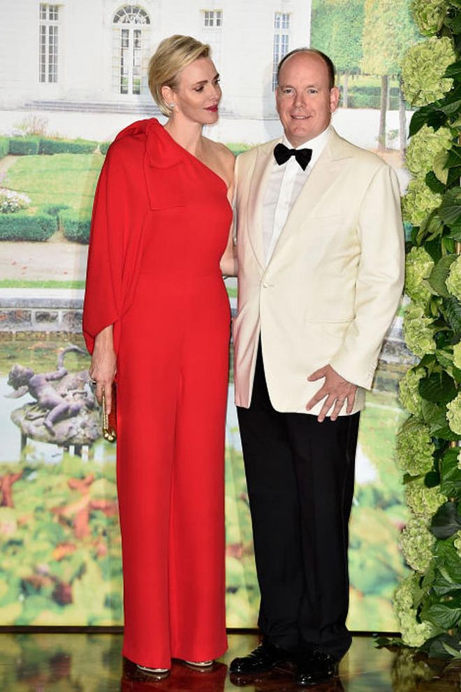 She's pictured here at one of Monaco's largest events, the Red Cross Ball, in a one-shoulder red jumpsuit from Valentino.