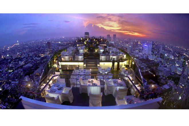 Sixty-one stories above the glittering city of Bangkok is Vertigo and Moon Bar, located in the Banyan Tree hotel. The open-air grill serves a selection of steaks, seafood, salads and tropical cocktails. Photo: Vertigo
