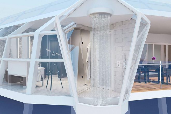 Cast aside any aspersions you might have about cruises, the remarkable bathroom aboard Celebrity Reflection boasts a shower offering close to 360-degree views of the ocean. Sea views don't get much better.