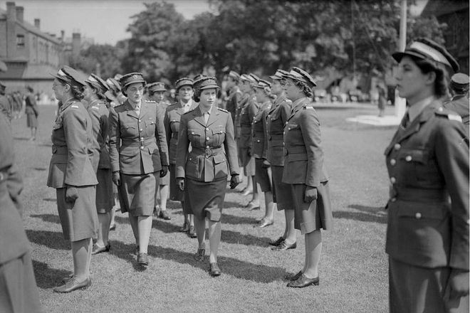 Inspecting cadets from the Auxiliary Territorial Service in Windsor, June 1946.