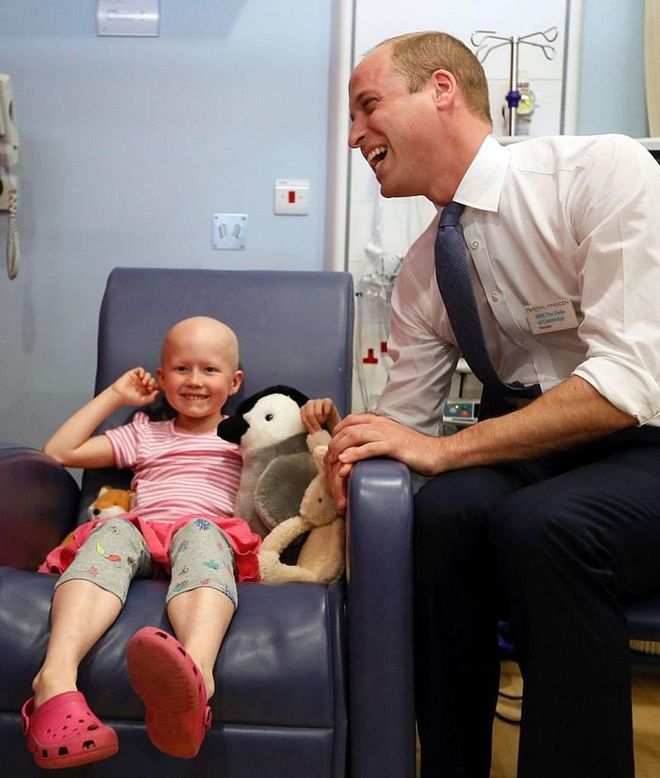 Too cute. The Duke of Cambridge traveled to the children's Oak Center cancer unit at the Royal Marsden Sutton Hospital (of which he is president) recently and got to meet 6-year-old Daisy Wood, along with other patients. She happened to be watching movies on princesses, but joked that William might be too old for her to marry. LOL. 

Photo: Getty