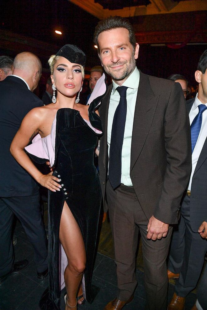 The duo posed together after Gaga's third outfit change of the night: a sculptural black and pink gown, with a thigh-high slit.
Photo: Getty