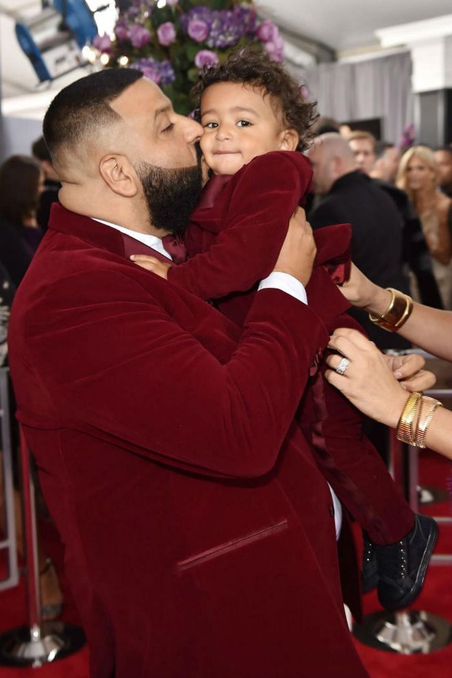 DJ Khaled always finds a way to match with his 15-month-old son, Asahd—whether on the red carpet, on Instagram or for special performances. The duo took their father-son matching up a notch at the Grammys this year wearing velvet maroon suits. Photo: Getty
