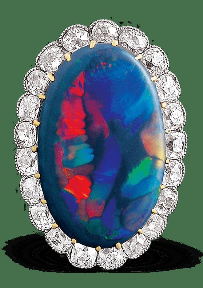 18kt gold ring with black opal and diamonds, $75,000, rauantiques.com.
