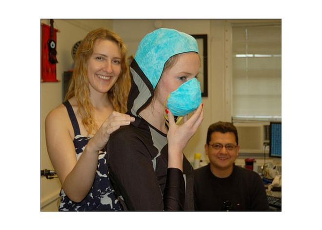 A mask and a hood capable of trapping toxic gases designed by Cornell student Jen Keane.
Photo: Courtesy
