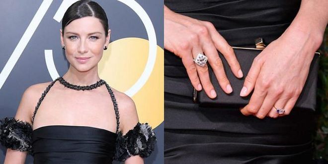 The Outlander actress and Golden Globe nominee showed off her engagement ring on the red carpet at the 2018 Golden Globes on January 7, 2018. The ring appears to be a cushion-cut center stone flanked with two round sapphires on a yellow gold band. As for who she's engaged to–the jury is still out, as the actress' personal life has remained private.