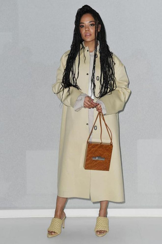 Tessa Thompson went for a classic trench coat and matching mules.

Photo: Jacopo M. Raule / Getty