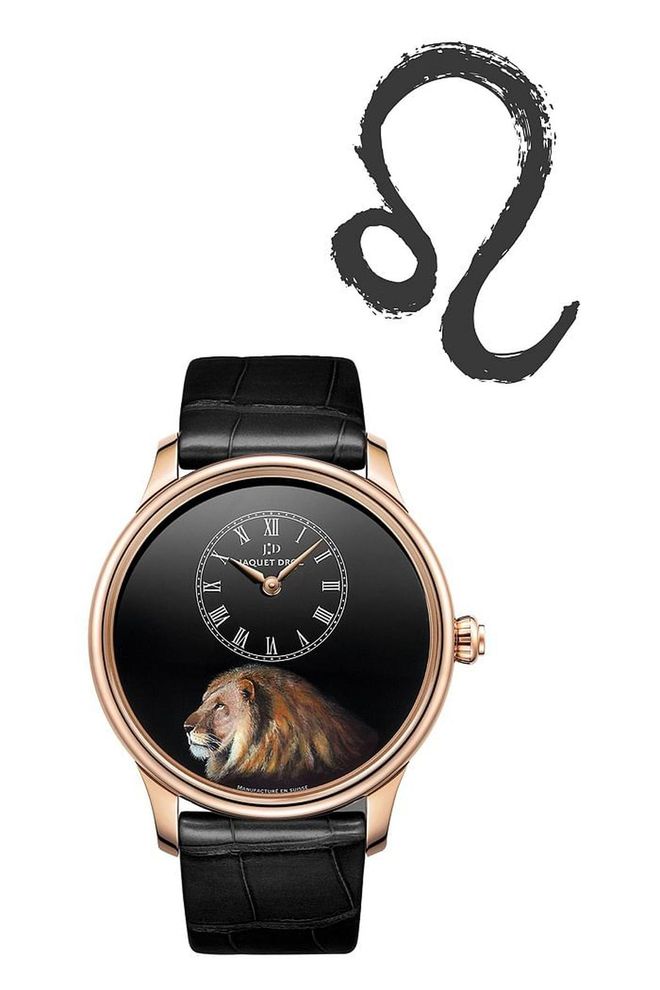 The lion, the king of the wild, is both the symbol of the fierce Leo and the focal point of this limited edition Jaquet-Droz beauty. The animal's likeness is hand-painted on a black Grand Feu enamel dial, and it stands out against the simple gold-and-black color scheme. <b>Jaquet-Droz Petite Heure Minute Lion, $32,200</b>