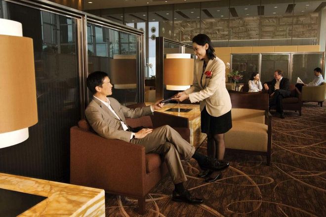 First-Class travellers waiting to board their flight in Singapore won't have to lift a finger inside the Private Room. The service is comparable to a high-end hotel with a dedicated airline check-in counter, porters, and a special immigration line. Inside the Private Room, several attendants are there to refill drinks, serve food ranging from snacks to coursed meals, and personally update you about departure times.  